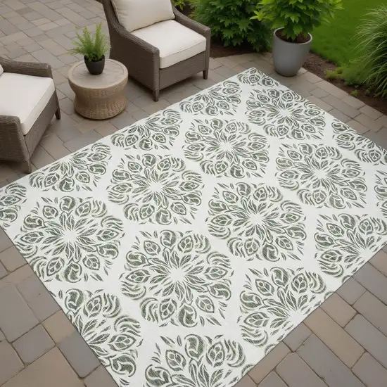 Green And Ivory Damask Washable Indoor Outdoor Area Rug Photo 7