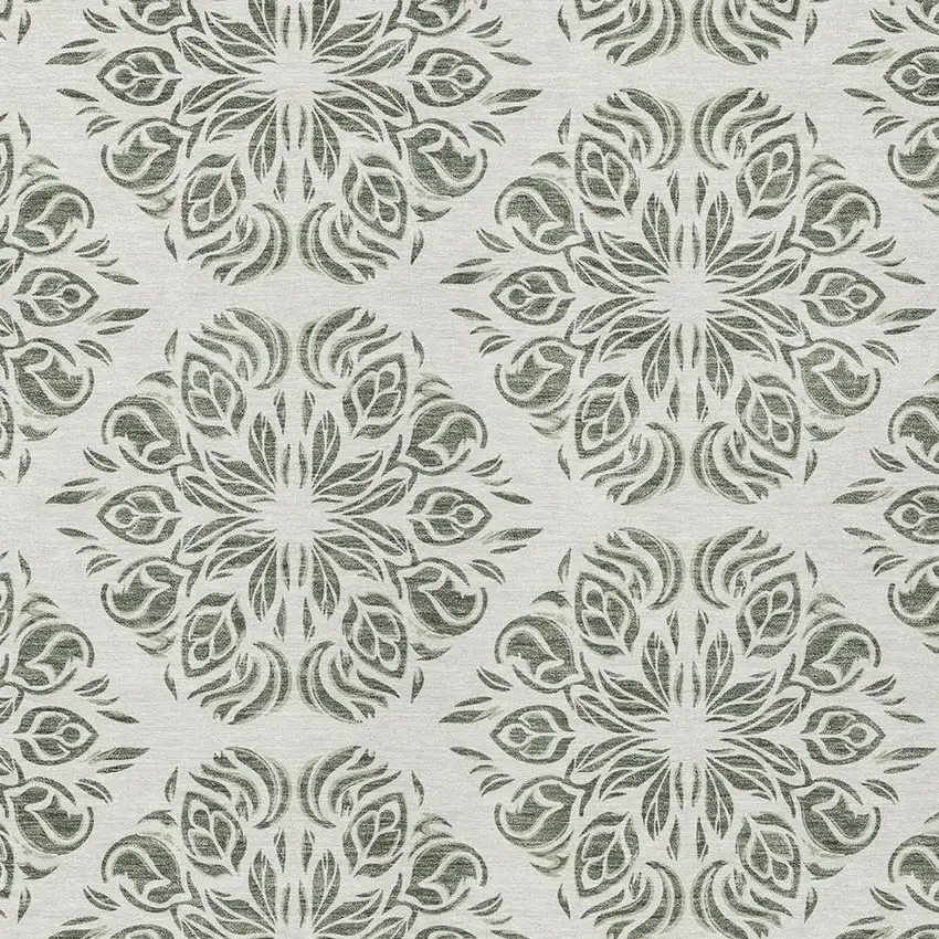 Green And Ivory Damask Washable Indoor Outdoor Area Rug Photo 2