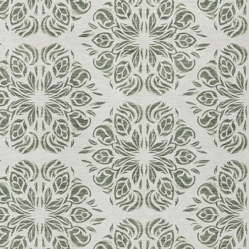 Green And Ivory Damask Washable Indoor Outdoor Area Rug Photo 2