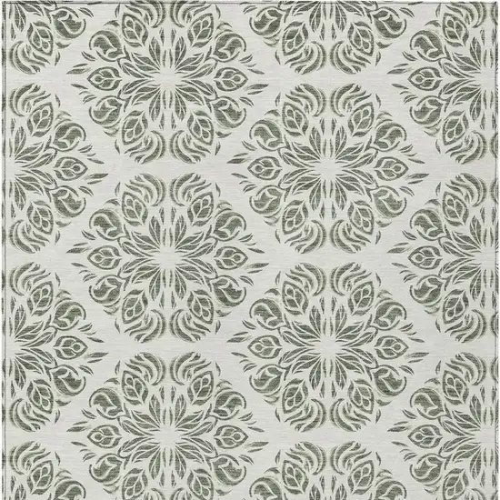 Green And Ivory Damask Washable Indoor Outdoor Area Rug Photo 3
