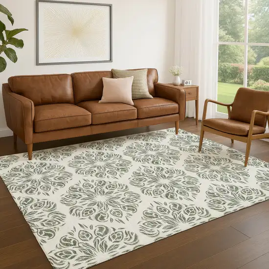 Green And Ivory Damask Washable Indoor Outdoor Area Rug Photo 5