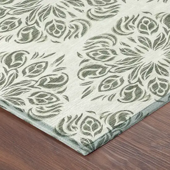 Green And Ivory Damask Washable Indoor Outdoor Area Rug Photo 8