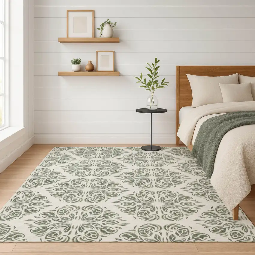 Green And Ivory Damask Washable Indoor Outdoor Area Rug Photo 6