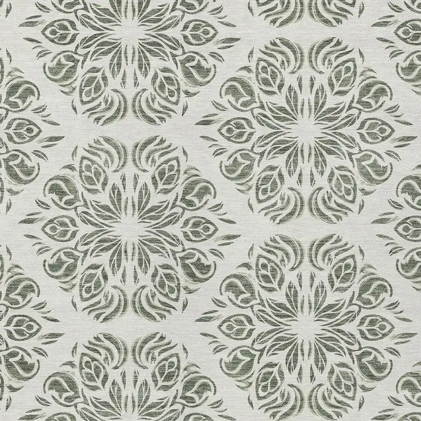 Green And Ivory Damask Washable Indoor Outdoor Area Rug Photo 2