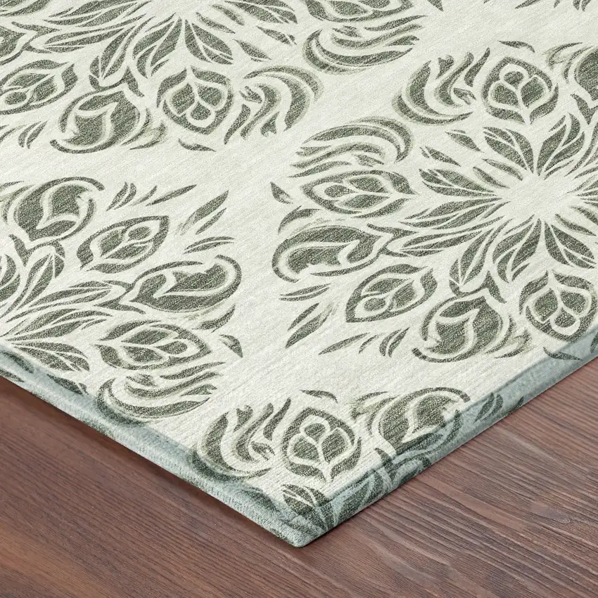 Green And Ivory Damask Washable Indoor Outdoor Area Rug Photo 8
