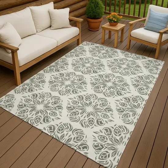 Green And Ivory Damask Washable Indoor Outdoor Area Rug Photo 4