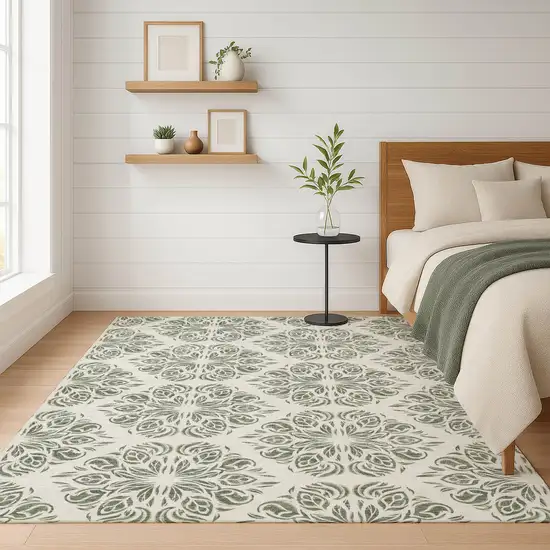 Green And Ivory Damask Washable Indoor Outdoor Area Rug Photo 6