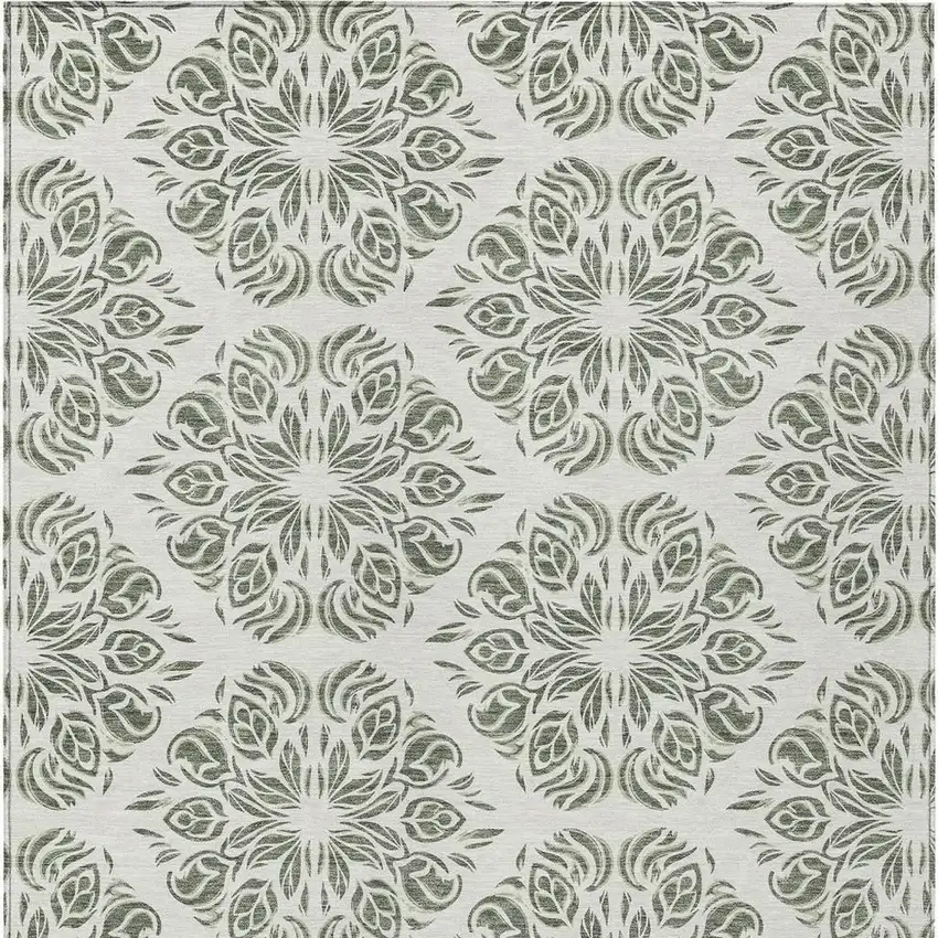 Green And Ivory Damask Washable Indoor Outdoor Area Rug Photo 3