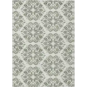 Photo of Green And Ivory Damask Washable Indoor Outdoor Area Rug