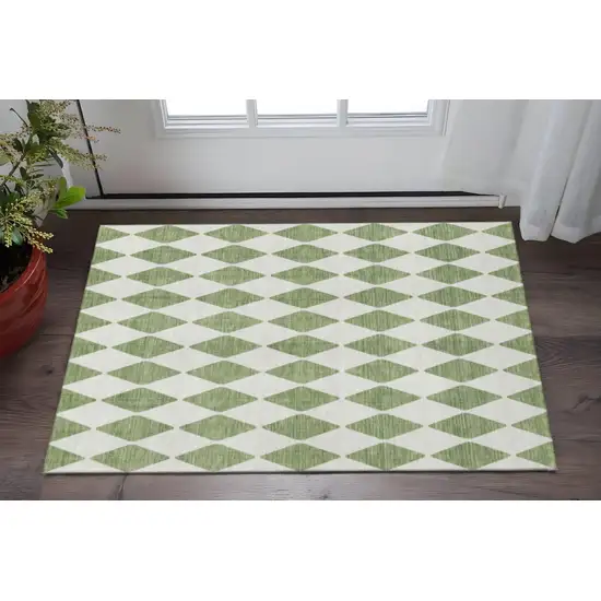 Green And Ivory Diamond Washable Area Rug With UV Protection Photo 2