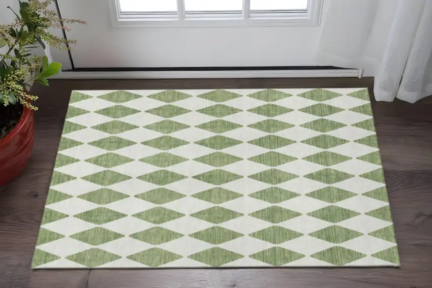Green And Ivory Diamond Washable Area Rug With UV Protection Photo 2
