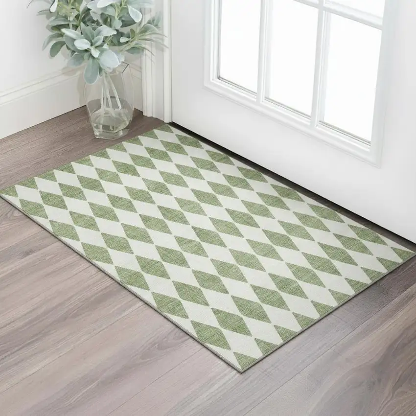 Green And Ivory Diamond Washable Area Rug With UV Protection Photo 1