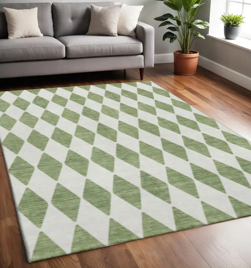 Green And Ivory Diamond Washable Area Rug With UV Protection Photo 2