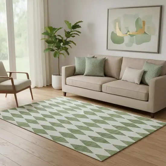 Green And Ivory Diamond Washable Area Rug With UV Protection Photo 1