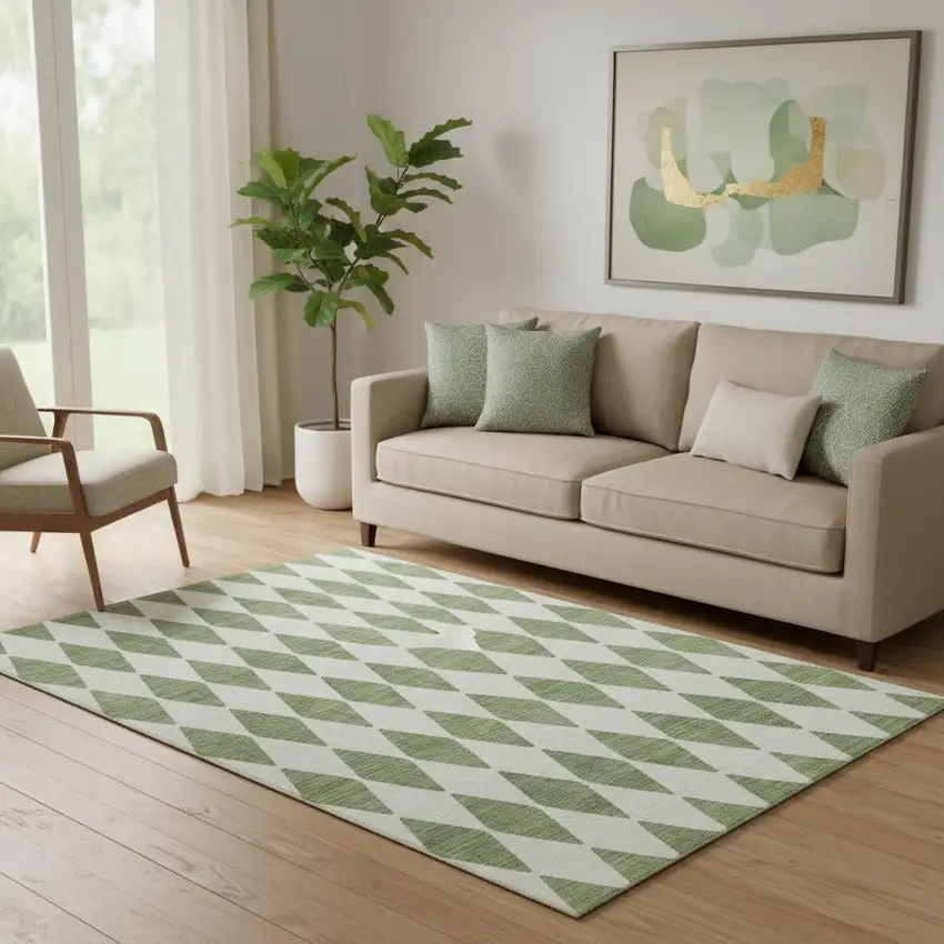 Green And Ivory Diamond Washable Area Rug With UV Protection Photo 1