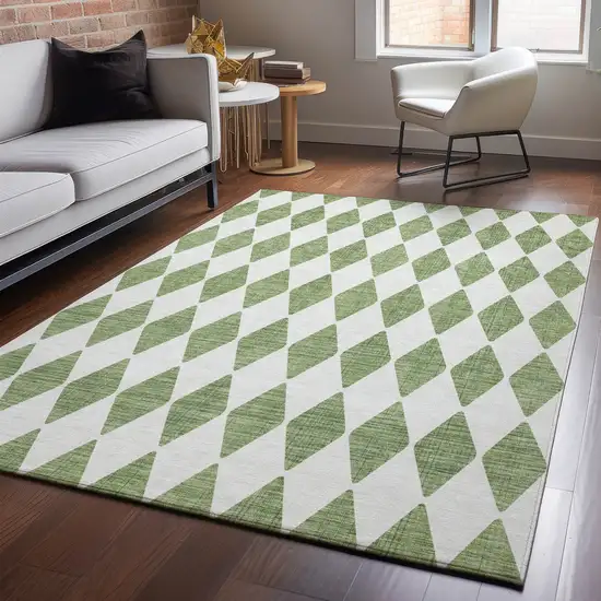 Green And Ivory Diamond Washable Area Rug With UV Protection Photo 5