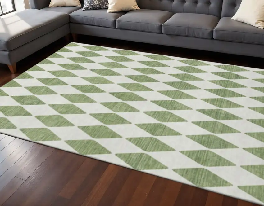 Green And Ivory Diamond Washable Area Rug With UV Protection Photo 2