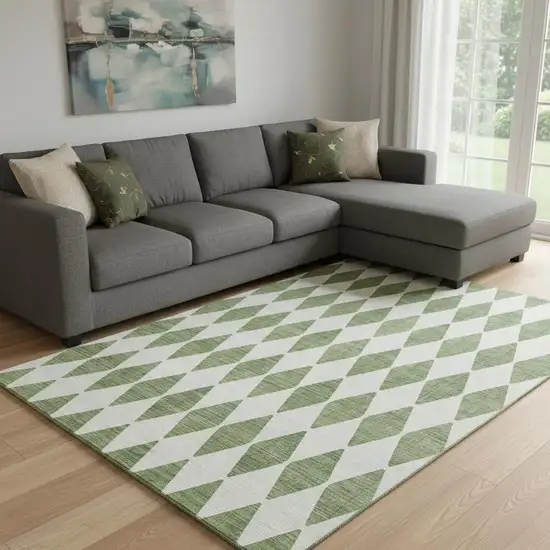 Green And Ivory Diamond Washable Area Rug With UV Protection Photo 1