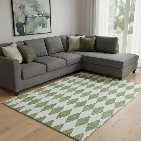 Green And Ivory Diamond Washable Area Rug With UV Protection Photo 1