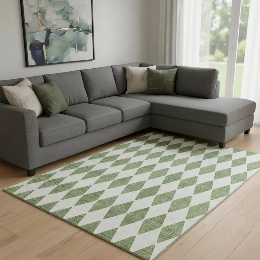 Green And Ivory Diamond Washable Area Rug With UV Protection Photo 1