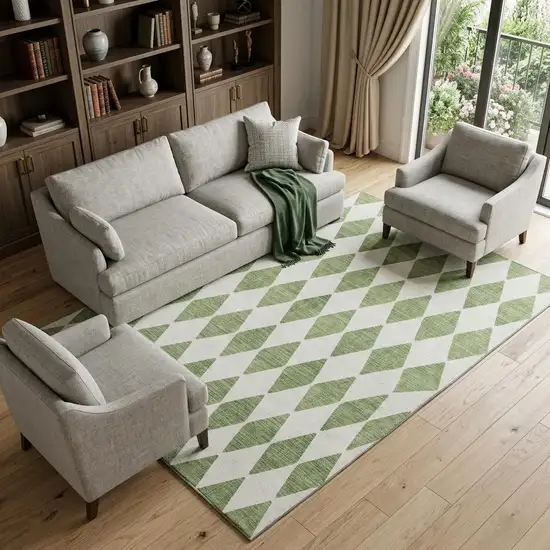 Green And Ivory Diamond Washable Area Rug With UV Protection Photo 1