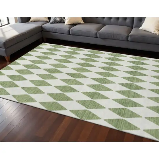 Green And Ivory Diamond Washable Area Rug With UV Protection Photo 2