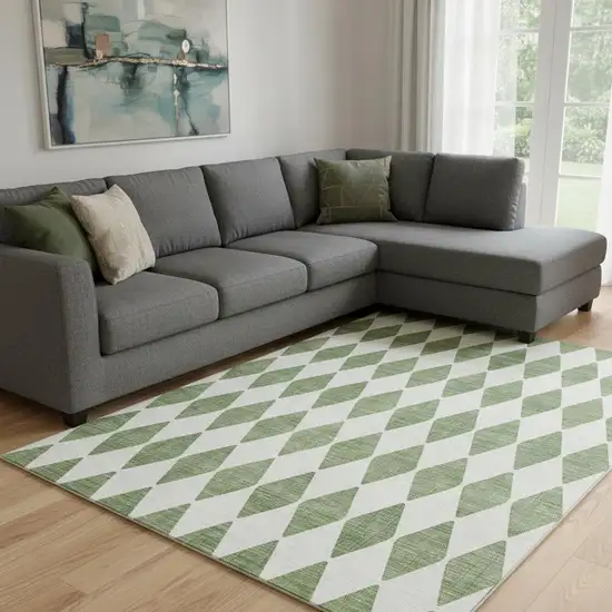 Green And Ivory Diamond Washable Area Rug With UV Protection Photo 1