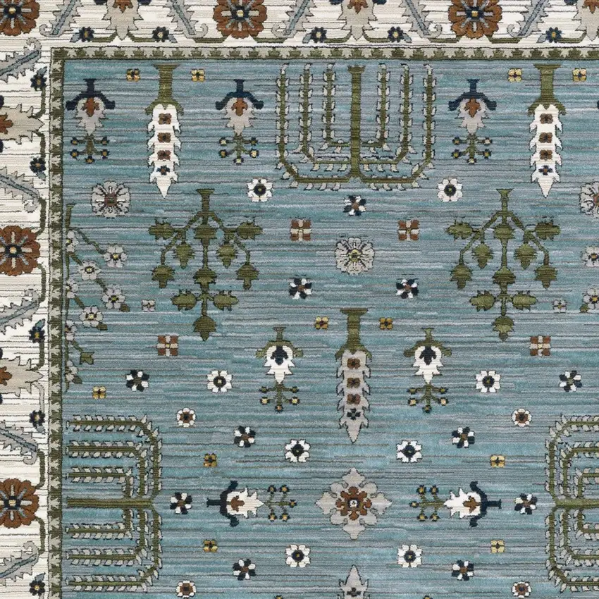 Green And Ivory Floral Area Rug With Fringe Photo 7