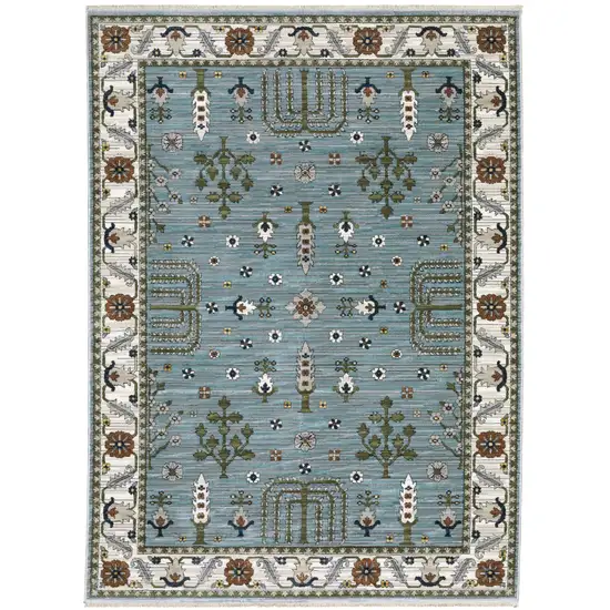 Green And Ivory Floral Area Rug With Fringe Photo 8