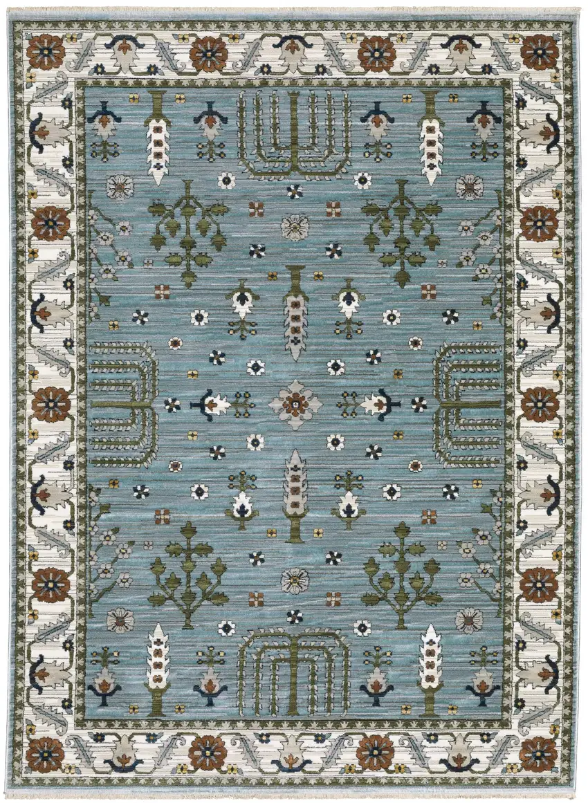 Green And Ivory Floral Area Rug With Fringe Photo 8