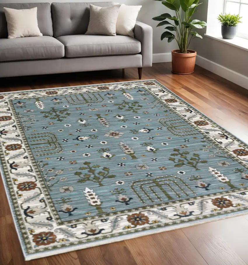 Green And Ivory Floral Area Rug With Fringe Photo 1