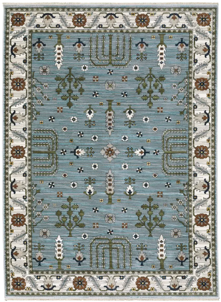 Green And Ivory Floral Area Rug With Fringe Photo 2