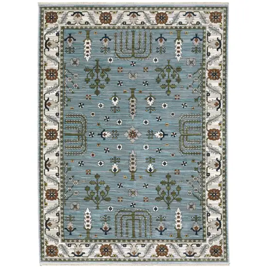 Green And Ivory Floral Area Rug With Fringe Photo 2