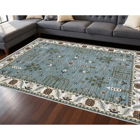 Green And Ivory Floral Area Rug With Fringe Photo 1