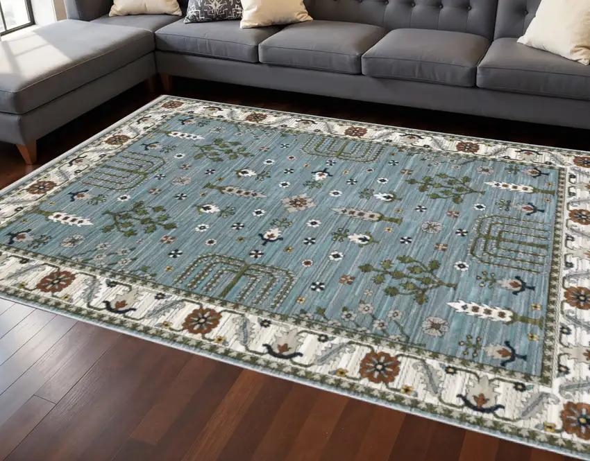 Green And Ivory Floral Area Rug With Fringe Photo 1
