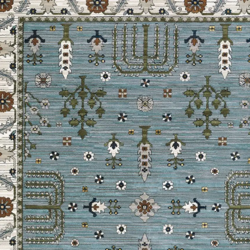 Green And Ivory Floral Area Rug With Fringe Photo 7