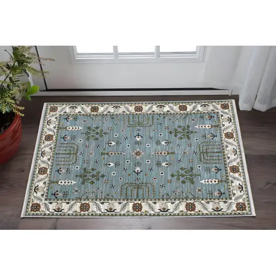 Green And Ivory Floral Area Rug With Fringe Photo 1