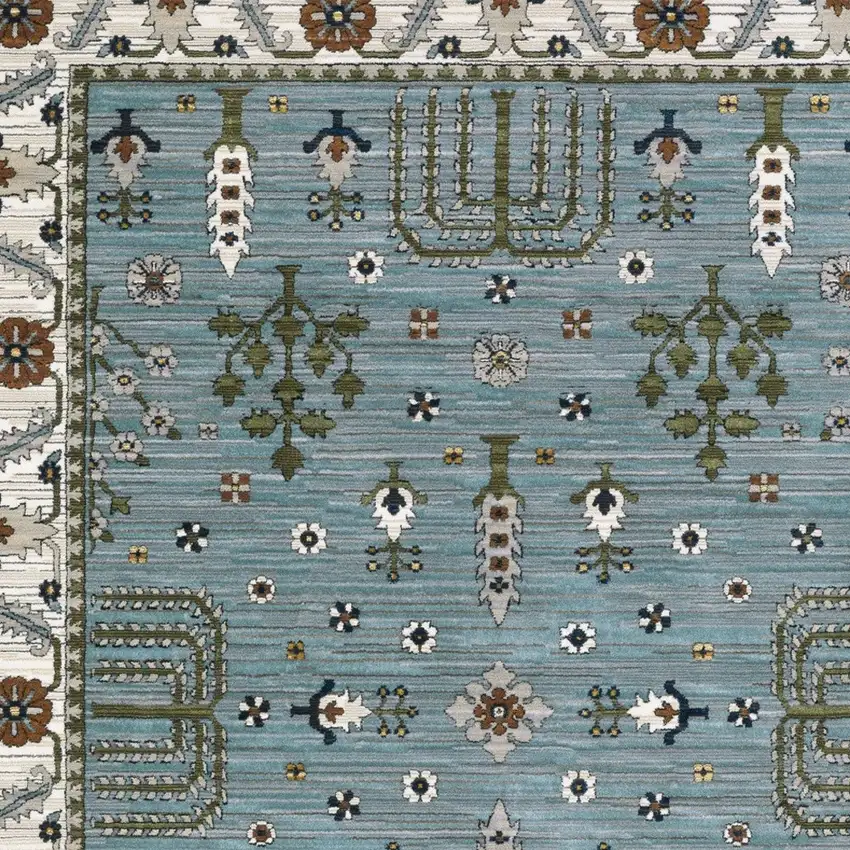 Green And Ivory Floral Area Rug With Fringe Photo 5