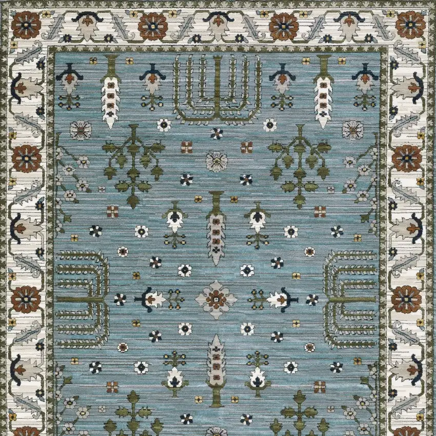 Green And Ivory Floral Area Rug With Fringe Photo 6