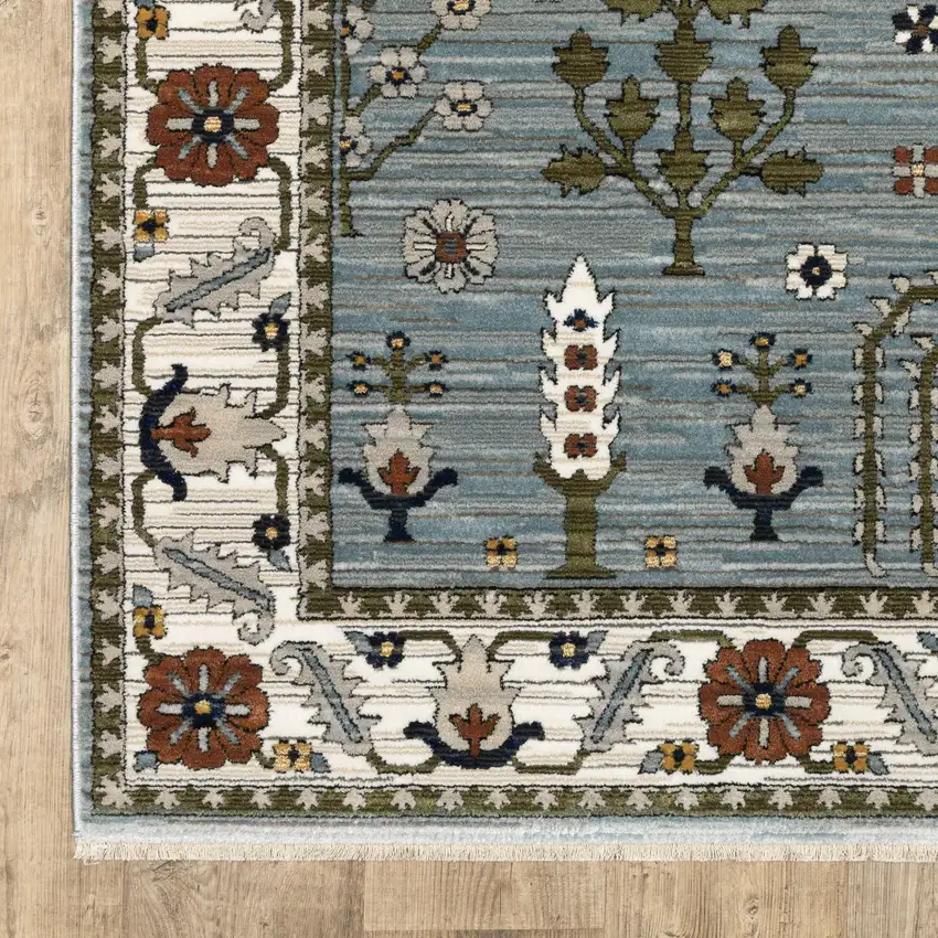 Green And Ivory Floral Area Rug With Fringe Photo 4