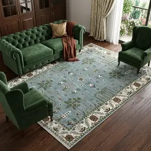 Photo of Green And Ivory Floral Area Rug With Fringe