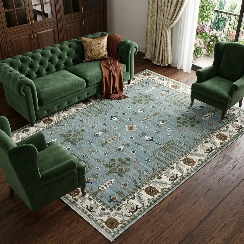 Green And Ivory Floral Area Rug With Fringe Photo 1