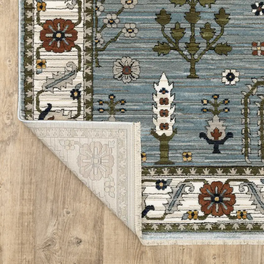 Green And Ivory Floral Area Rug With Fringe Photo 5