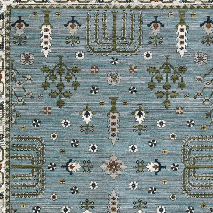 Green And Ivory Floral Area Rug With Fringe Photo 7