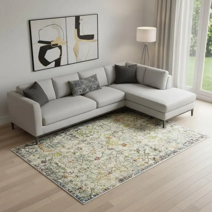 Green And Ivory Floral Area Rug Photo 1