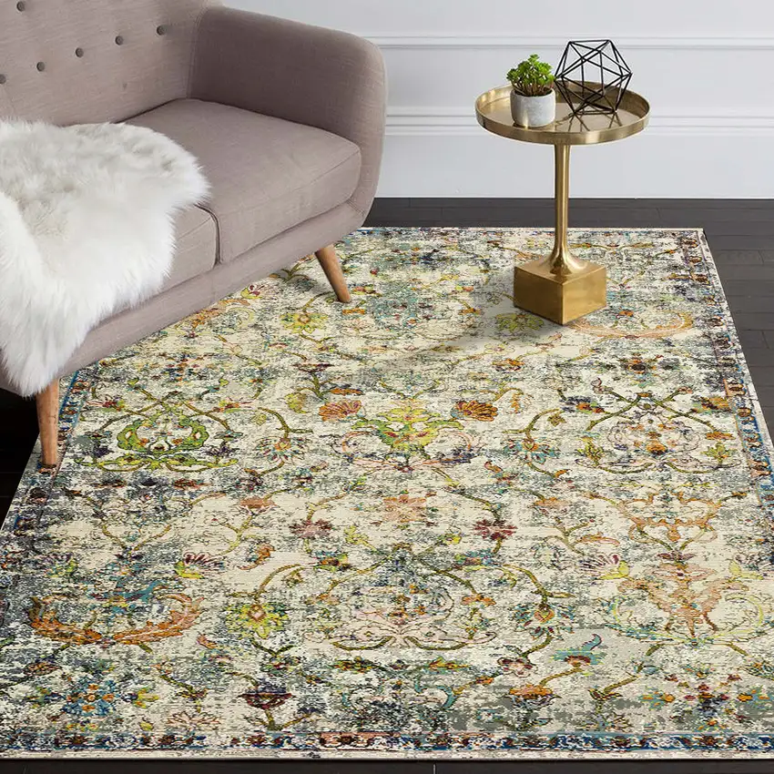 Green And Ivory Floral Area Rug Photo 6