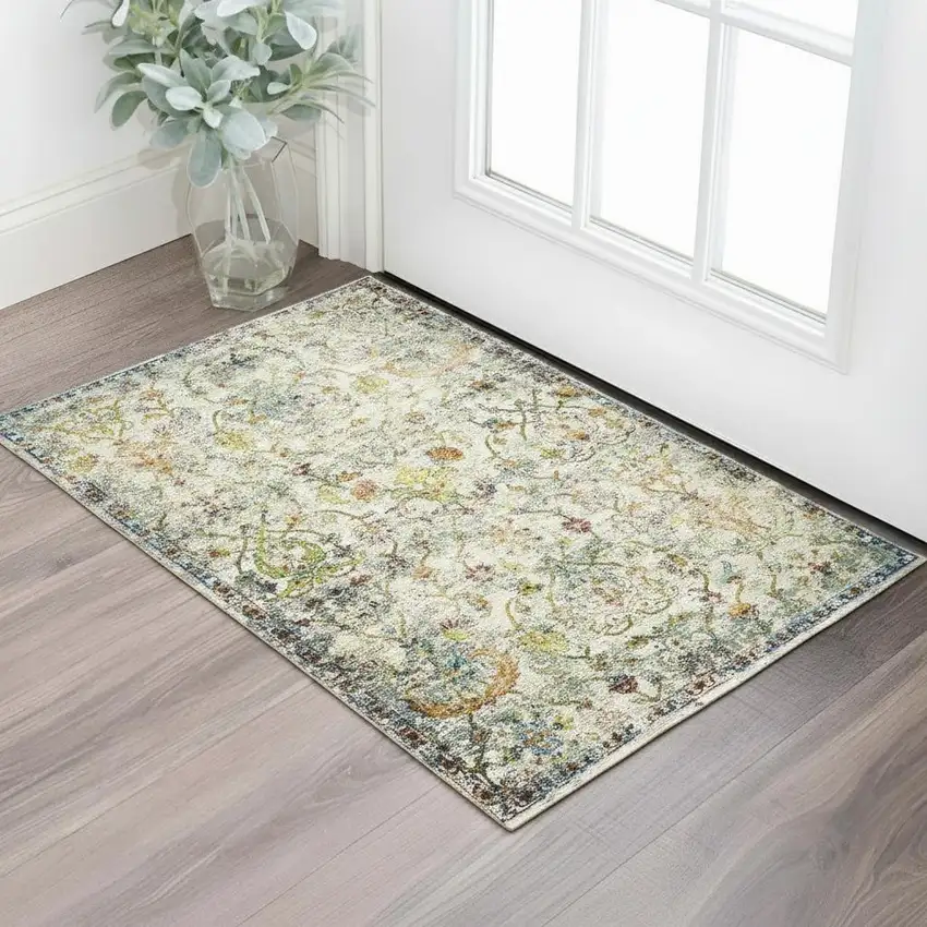Green And Ivory Floral Area Rug Photo 1