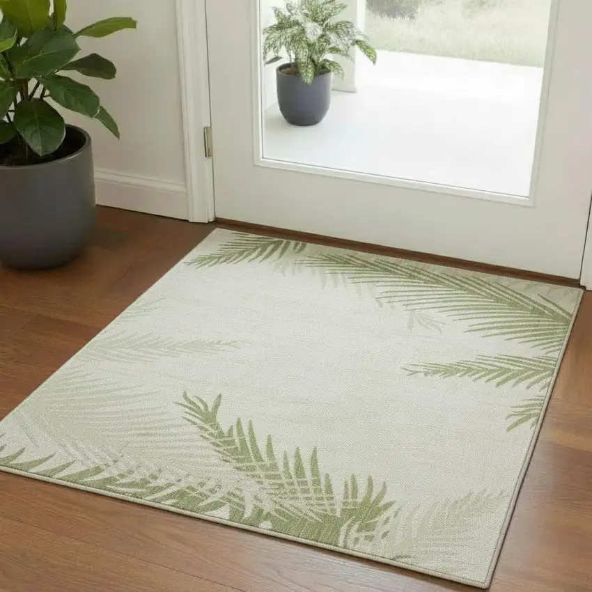 Green And Ivory Floral Square Rug Photo 1