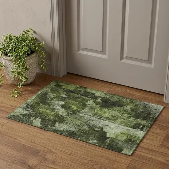 Green And Ivory Floral Washable Area Rug With UV Protection Photo 1