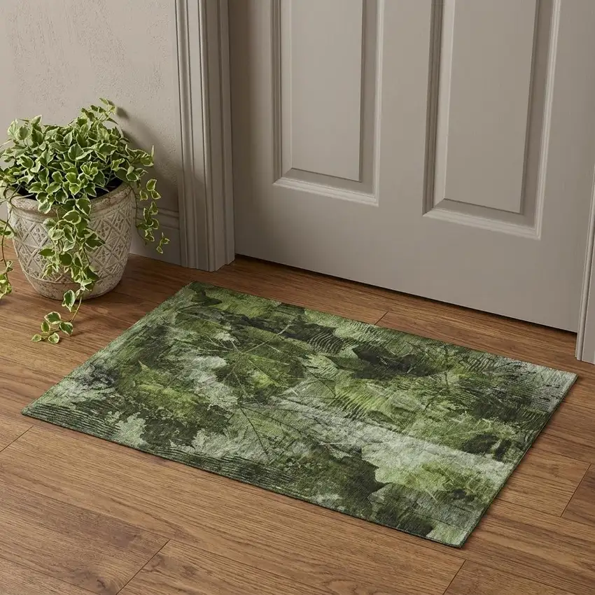 Green And Ivory Floral Washable Area Rug With UV Protection Photo 1